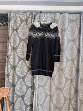 Moda International Black Knit Hooded Sweater with White Fair Isle Accents